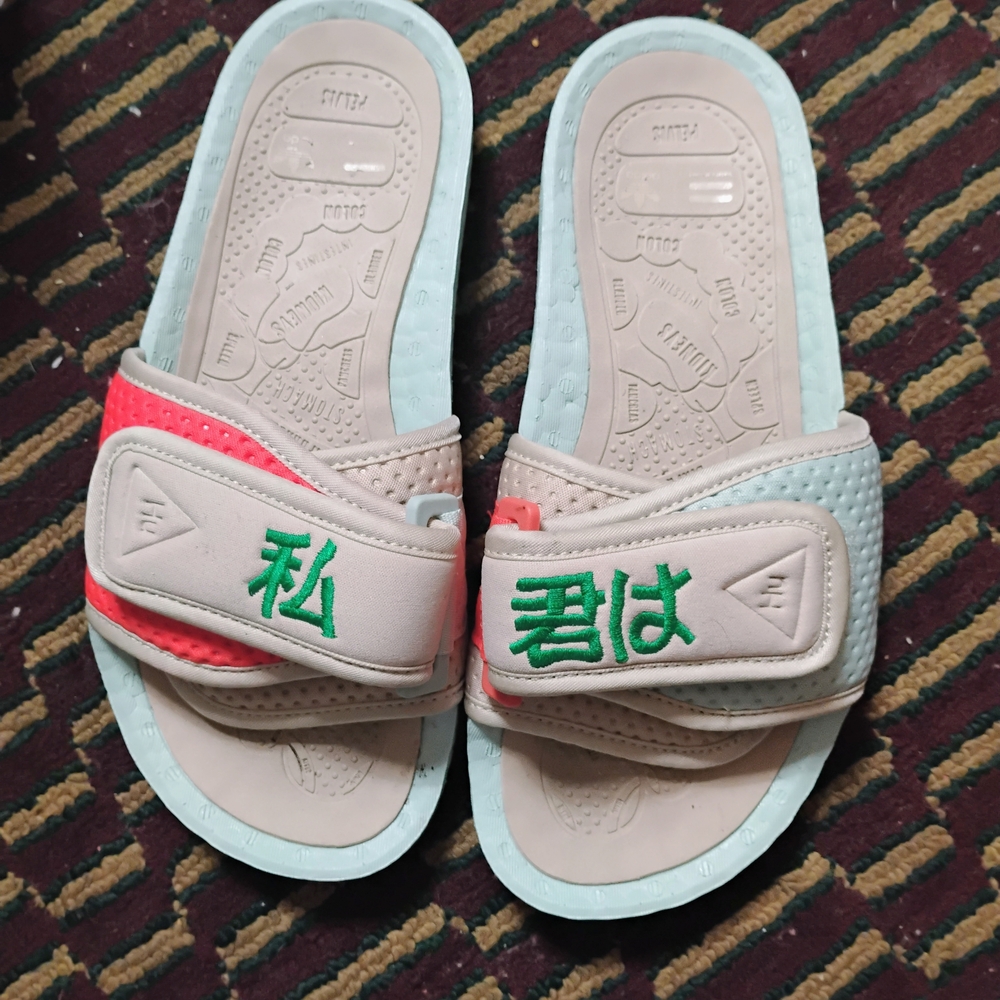 Beige and Red Slide Sandals with Green Embroidery